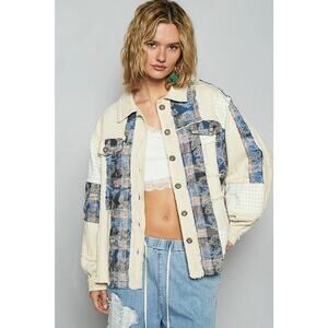"Frannie" Frayed Patchwork Jacket in Cream & Blue
